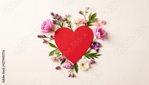 Red heart surrounded by colorful flowers on light background
