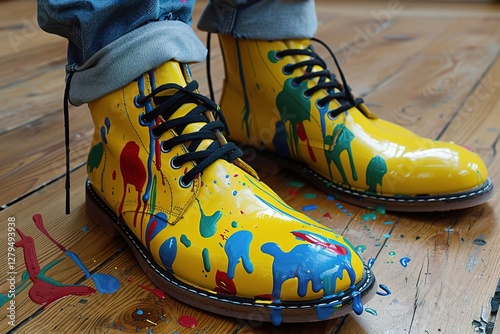 A pair of vibrant yellow boots with colorful paint splashes, set against a rustic wooden floor. photo