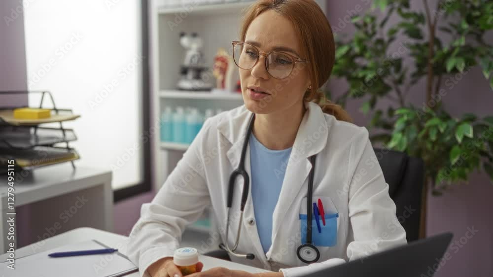 Woman doctor discussing medication in clinic office setting with files and plants in background. Woman doctor discussing medication in clinic office setting with files and plants in background.