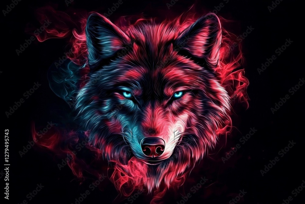 Naklejka premium Dramatic portrayal of a wolf's face illustrated in a dark setting.