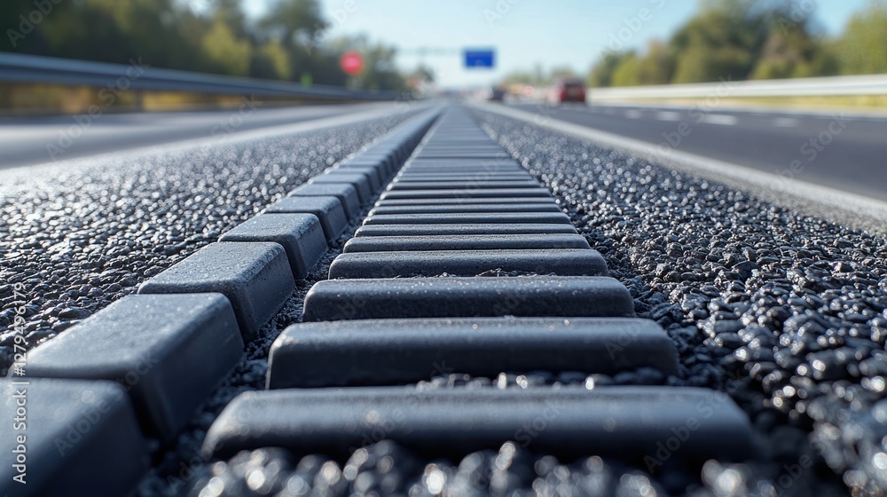 Obraz premium Highway Center Line Detail, Traffic Blurred Background