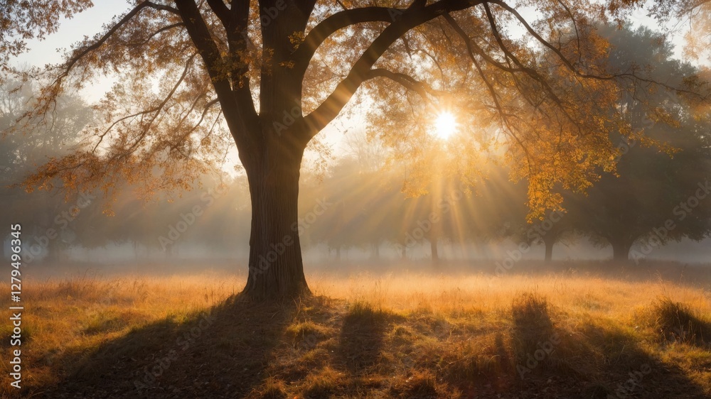 Sunlight streams through the trees in a misty autumn meadow, casting long shadows and creating a peaceful scene. Sunlight streams through the trees in a misty autumn meadow, casting long shadows and creating a peaceful scene.