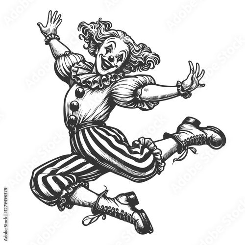 joyful clown mid-jump, wearing a vintage ruffled outfit with striped pants and playful expression sketch engraving generative ai vector illustration. Scratch board imitation. Black and white image.
