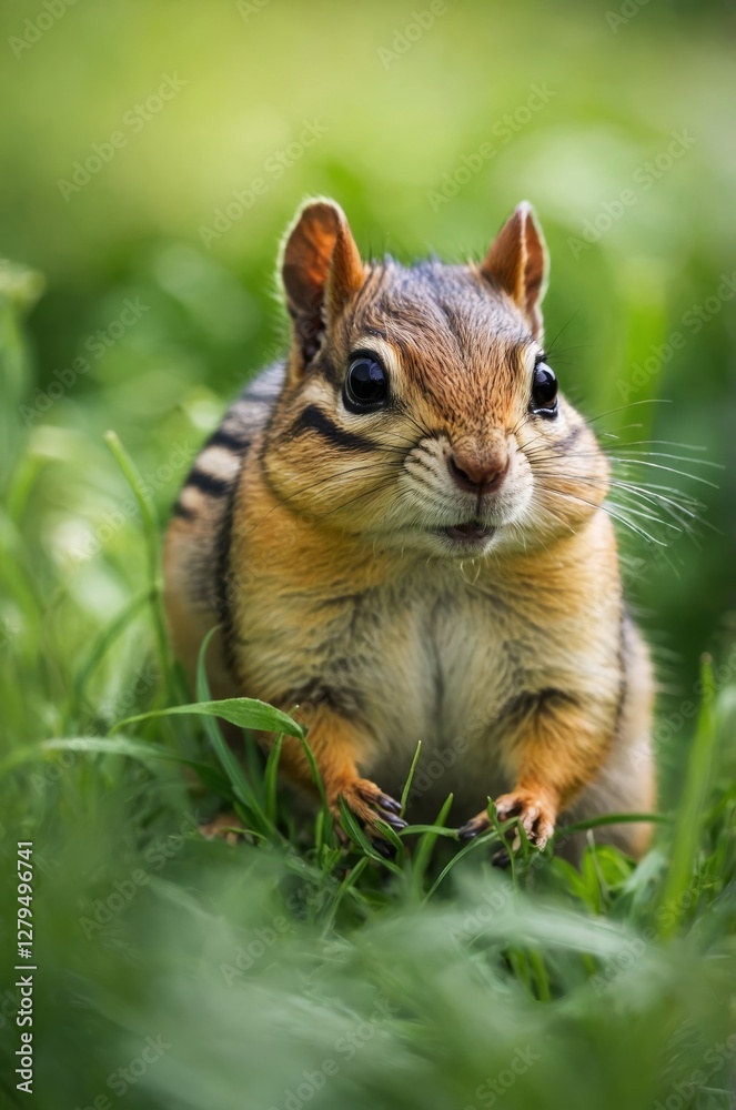 Obraz premium A charming chipmunk with full cheeks sits among lush green grass in a natural setting.