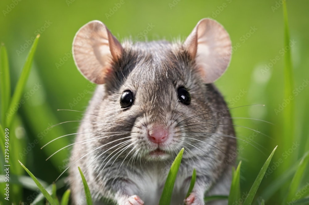 A curious field mouse peeks through tall green grass, its whiskers twitching and ears alert. A curious field mouse peeks through tall green grass, its whiskers twitching and ears alert.