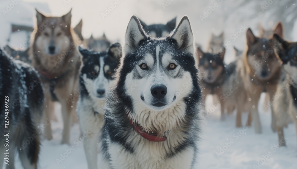 Group of huskies standing in a snowy environment. The main husky in the foreground has a distinctive black and white coat, with a red collar, and is looking directly at the camera. Group of huskies standing in a snowy environment. The main husky in the foreground has a distinctive black and white coat, with a red collar, and is looking directly at the camera.