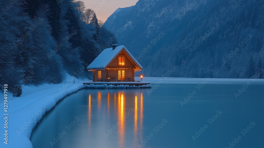 Fototapeta premium Cabin by a Frozen Lake at Night