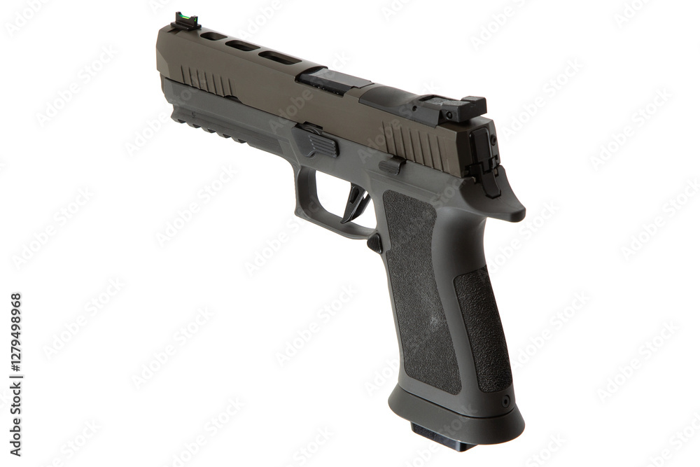 A modern semi-automatic firearm showcasing a textured grip, tactical rail, and visible sights, on a white background. A modern semi-automatic firearm showcasing a textured grip, tactical rail, and visible sights, on a white background.
