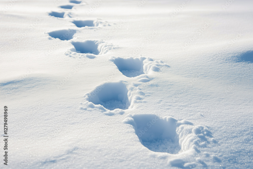 Deep footprints in fresh snow stretching into the distance Deep footprints in fresh snow stretching into the distance