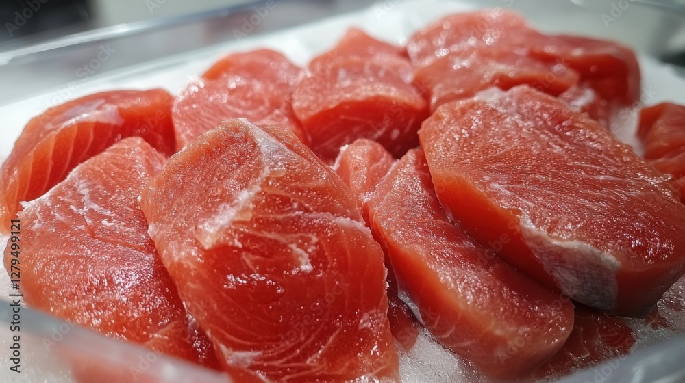Frozen Salmon Fillet. Tasty Raw Pink Slice of Red Fish Ready to Eat Frozen Salmon Fillet. Tasty Raw Pink Slice of Red Fish Ready to Eat