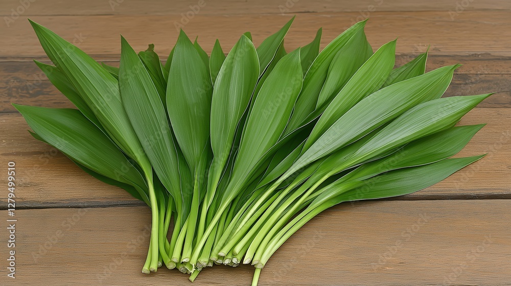 Fresh Wild Garlic Leaves Arranged on a Wooden Table Fresh Wild Garlic Leaves Arranged on a Wooden Table