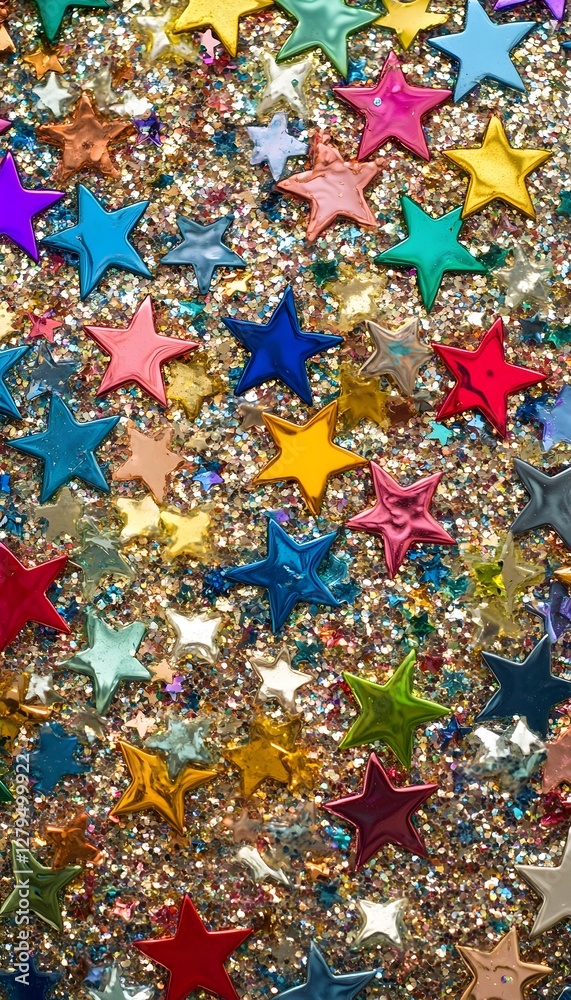 Fototapeta premium Colorful Glittery Stars Scattered Across a Sparkling Surface