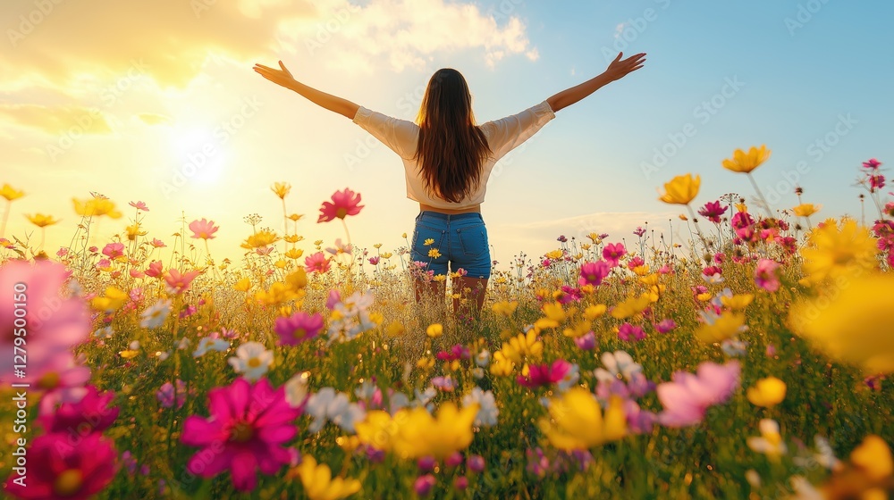 Woman in a Vibrant Flower Field Embracing the Sunrise Woman in a Vibrant Flower Field Embracing the Sunrise