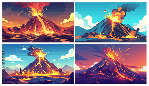 Volcano eruption. Cartoon mountain with lava ash fire smoke, volcanic exploding natural disaster landscape vector illustration