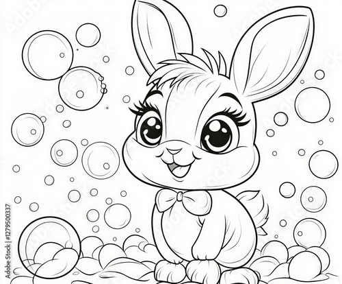 A bunny blowing bubbles with colorful soapy water, coloring page for kids, simple outline illustration. Coloring book. photo