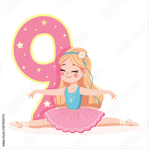 Pretty ballerina girl in pink and blue dress doing the splits with number 9 on white background. Ballerina with number 9. Vector illustration in flat cartoon style