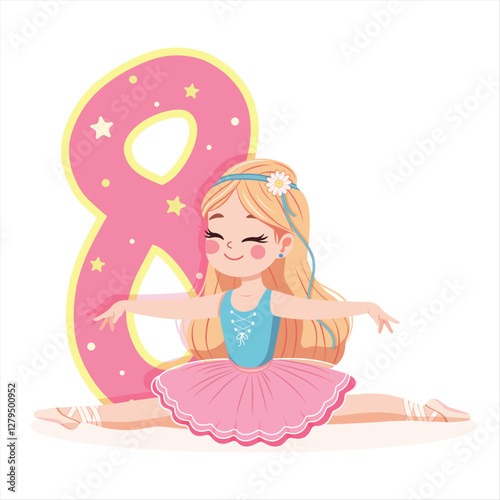 Pretty ballerina girl in pink and blue dress doing the splits with number 8 on white background. Ballerina with number 8. Vector illustration in flat cartoon style
