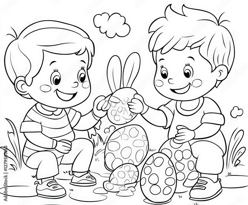 A family painting Easter eggs together, coloring page for kids, simple outline illustration. Coloring book. A family painting Easter eggs together, coloring page for kids, simple outline illustration. Coloring book.