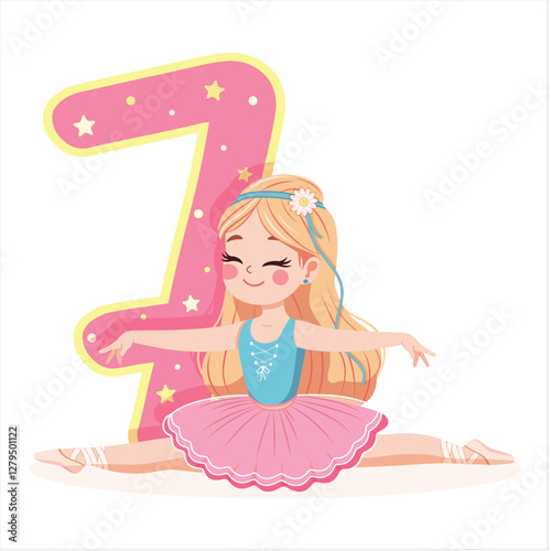 Pretty ballerina girl in pink and blue dress doing the splits with number 7 on white background. Ballerina with number 7. Vector illustration in flat cartoon style