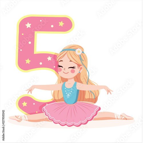 Pretty ballerina girl in pink and blue dress doing the splits with number 5 on white background. Ballerina with number 5. Vector illustration in flat cartoon style