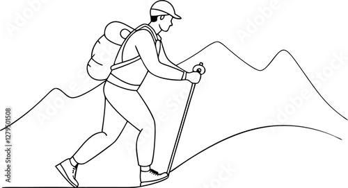 Outdoor Adventure Line Art. Hiking Man with Backpack and Pole Vector Illustration