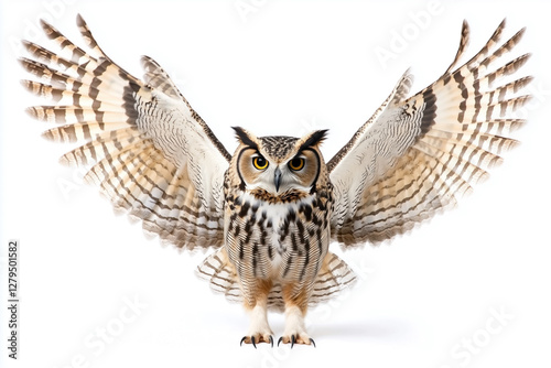 Brown owl with wings spread wide on a white background