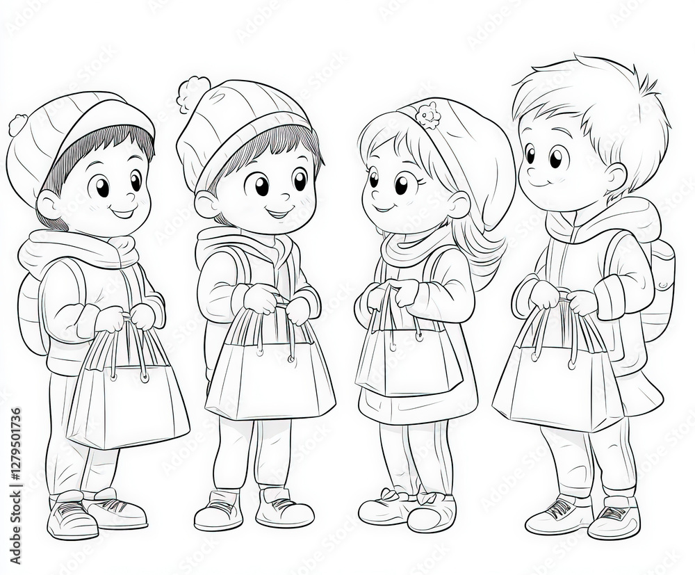A joyful scene of kids preparing gift bags for others, coloring page for kids, simple outline illustration. Coloring book. A joyful scene of kids preparing gift bags for others, coloring page for kids, simple outline illustration. Coloring book.