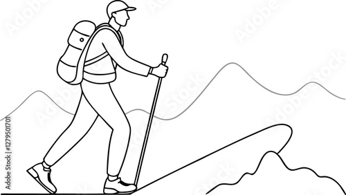 Outdoor Adventure Line Art. Hiking Man with Backpack and Pole Vector Illustration