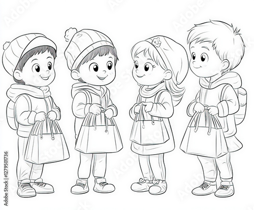 A joyful scene of kids preparing gift bags for others, coloring page for kids, simple outline illustration. Coloring book.