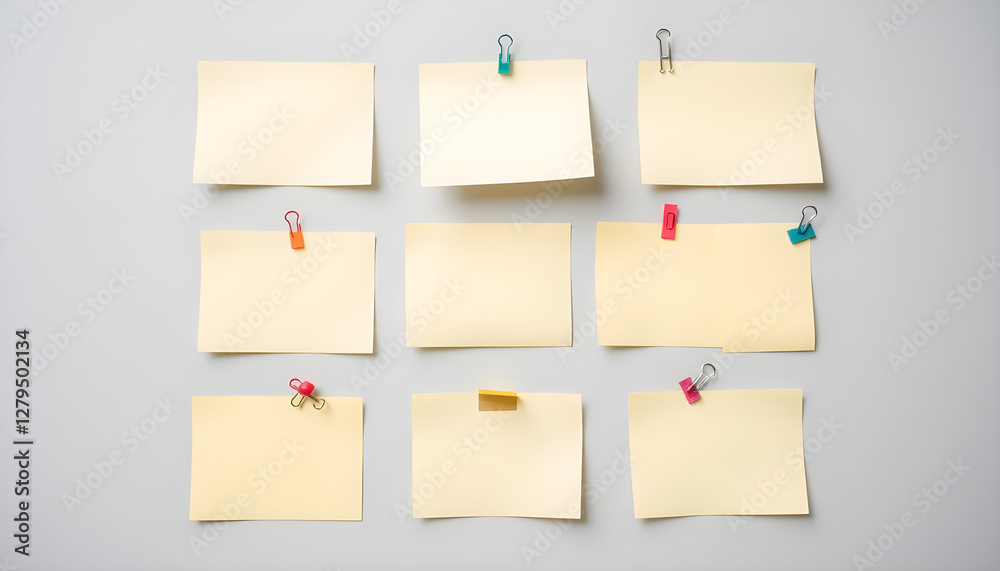 Nine yellow sticky notes arranged in a grid with colorful paperclips on a white background Nine yellow sticky notes arranged in a grid with colorful paperclips on a white background