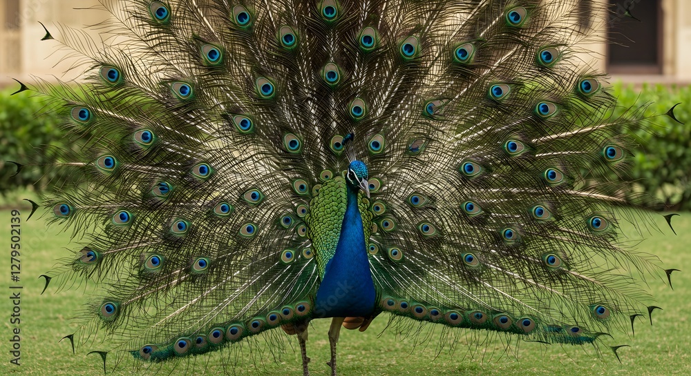 Fototapeta premium A dazzling Indian peacock spreads its brilliant blue and green feathers in a royal palace garden. Sunlight reflects on the intricate eye patterns, creating a mesmerizing display of colors