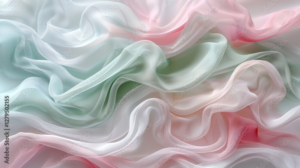 Fototapeta premium A delicate arrangement of softly colored, sheer fabric folds in pastel hues of green, pink, and white, creating a gentle, flowing texture.