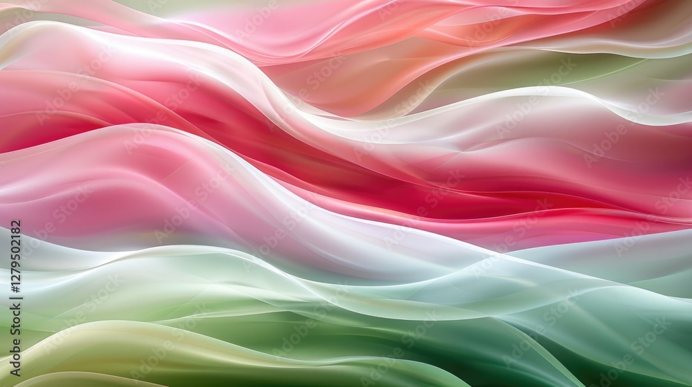 Obraz premium A colorful abstract wave pattern featuring soft gradients of pink, white, and green, creating a serene and fluid visual effect.