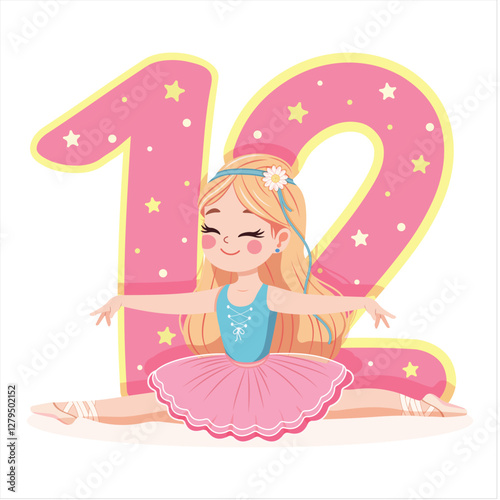 Pretty ballerina girl in pink and blue dress doing the splits with number 12 on white background. Ballerina with number 12. Vector illustration in flat cartoon style