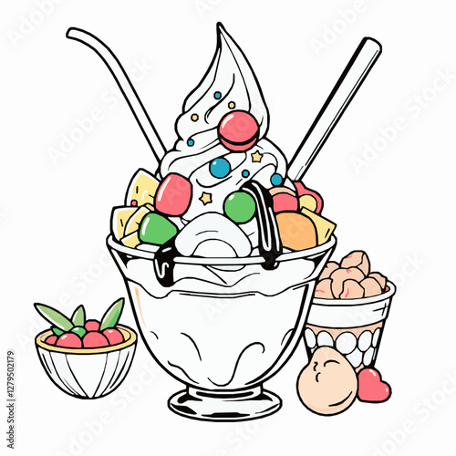 Filipino Halo Halo Shaved Ice Dessert with Various Toppings A Colorful and Refreshing Treat Black Outline