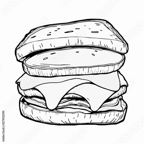 French Croque Monsieur with Melted Cheese A Crispy and Cheesy Sandwich Black Outline Vector Illustration