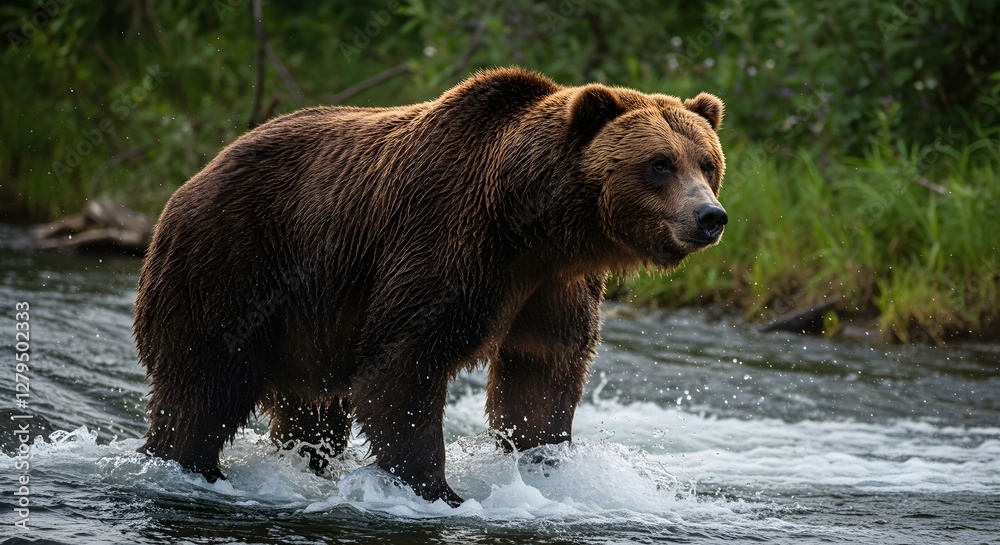A massive grizzly bear waits beside a fast-flowing river, its wet brown fur glowing in the warm sunlight. Water droplets sparkle mid-air as the beast prepares to catch its prey A massive grizzly bear waits beside a fast-flowing river, its wet brown fur glowing in the warm sunlight. Water droplets sparkle mid-air as the beast prepares to catch its prey
