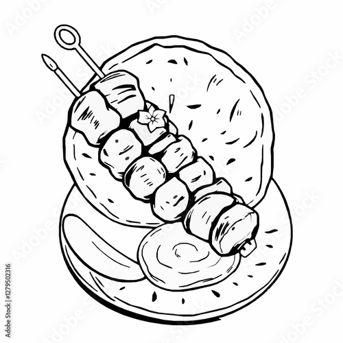 Greek Souvlaki Grilled Meat Skewers with Pita and Tzatziki A Juicy and Savory Street Food Black Outline
