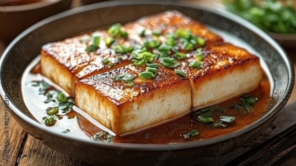 Pan-fried tofu, soy sauce glaze, wooden table, Asian cuisine, recipe Pan-fried tofu, soy sauce glaze, wooden table, Asian cuisine, recipe