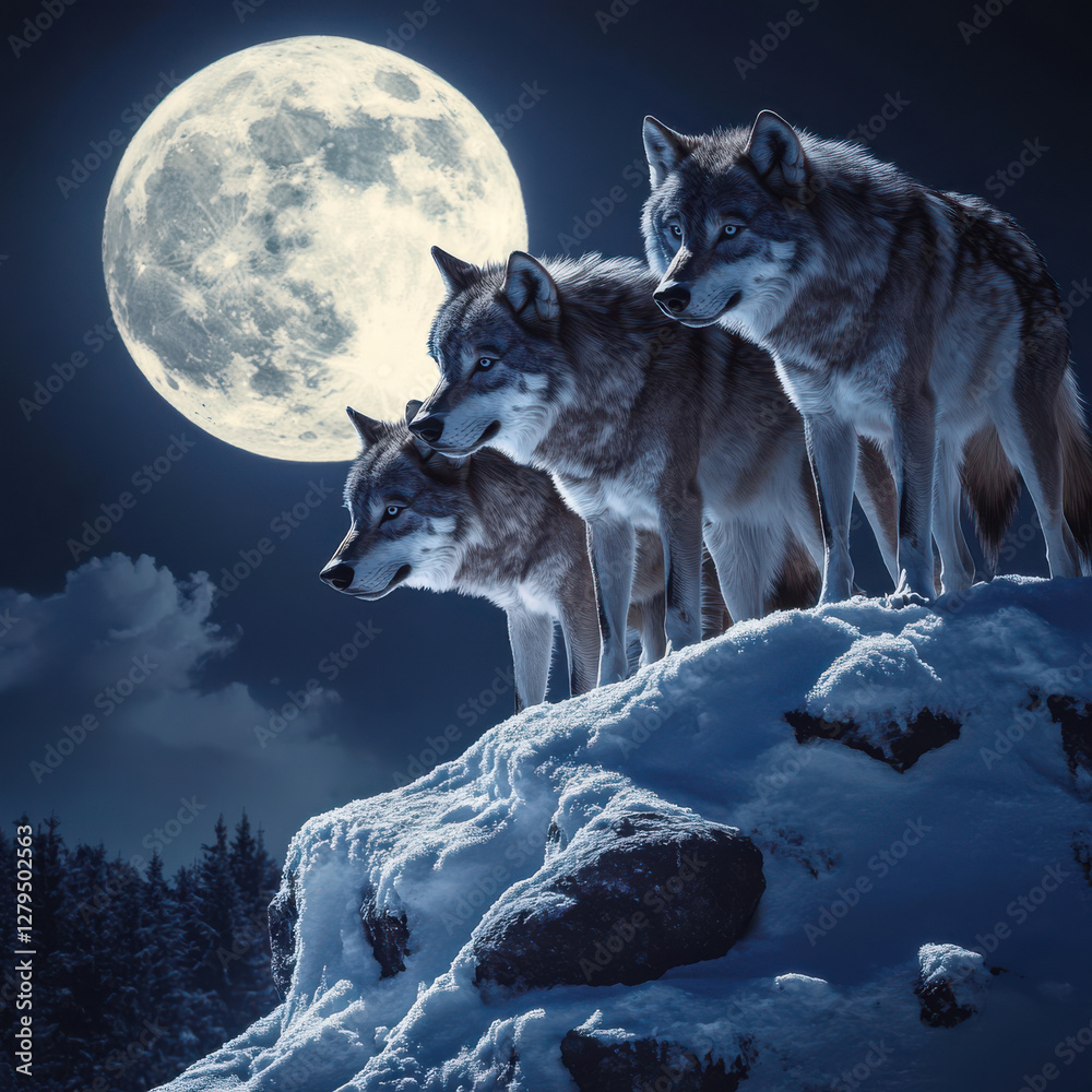 Fototapeta premium A pack of wolves standing on a snowy ridge under a full moon, piercing eyes, thick winter fur, eerie and dramatic atmosphere, ultra-realistic wildlife scene, ultra-HD 8K photography