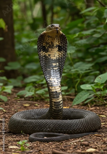 A towering king cobra stands tall in the thick jungle, its hood flared wide in defense. Its glossy dark scales reflect the damp air as its forked tongue darts out, detecting unseen danger