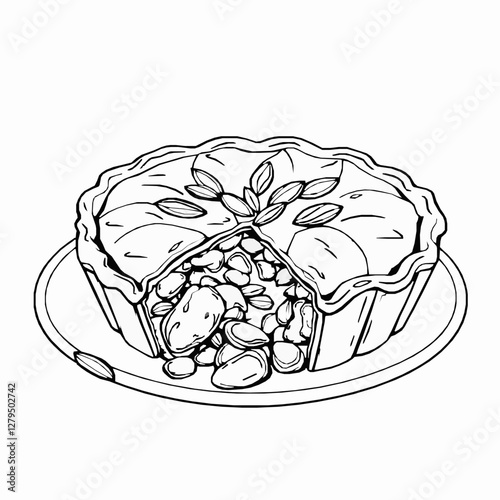 Moroccan Bastilla Savory Pie with Chicken and Almonds A Sweet and Spiced Pastry Black Outline Vector