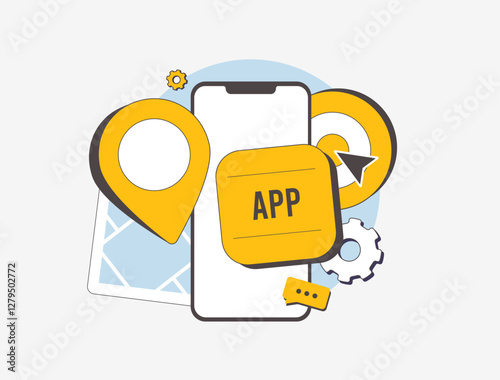 Location-based marketing concept with a map, pin, search bar and navigation icons. Local business SEO, targeted advertising, map listings and customer engagement strategies. Vector illustration