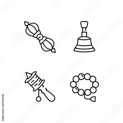 Buddhism icons. Set of 4 Buddhism-themed trendy minimal icons. Prayer Wheel, Dharma Wheel, Mala Beads icon. Design signs for web page, mobile app, packaging design. Vector illustration