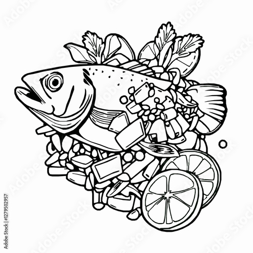Peruvian Ceviche Fresh Fish Marinated in Lime Juice A Refreshing and Tangy Dish Black Outline Vector