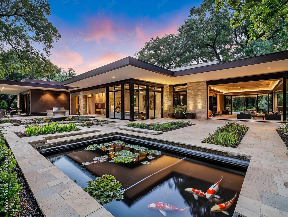 Obraz premium Serene Mid-Century Modern Home with Lush Garden and Tranquil Pool