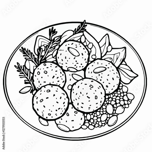 Syrian Kibbeh with Ground Meat and Pine Nuts A Crispy and Spiced Dish Black Outline Vector Illustration