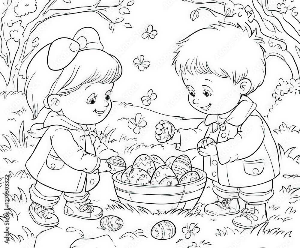 Children participating in an Easter egg hunt, coloring page for kids, simple outline illustration. Coloring book. Children participating in an Easter egg hunt, coloring page for kids, simple outline illustration. Coloring book.