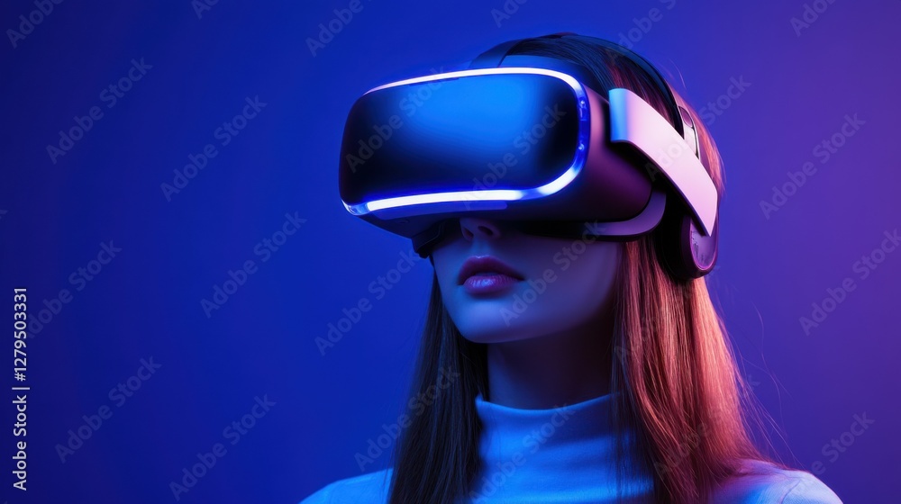 Woman wearing futuristic VR headset. Woman wearing futuristic VR headset.