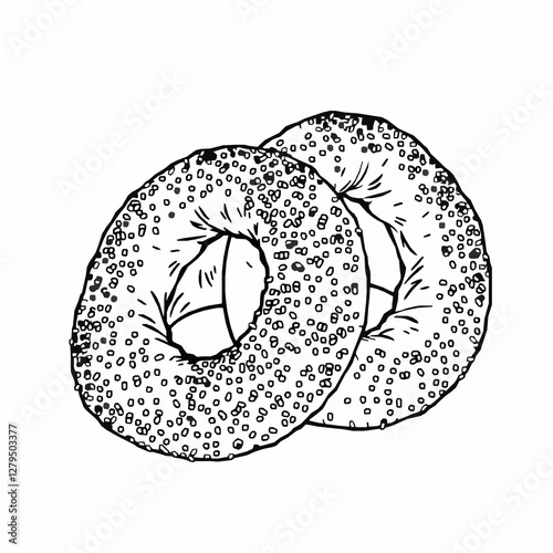 Turkish Simit Sesame Crusted Bread Rings A Crunchy and Chewy Street Food Black Outline Vector Illustration